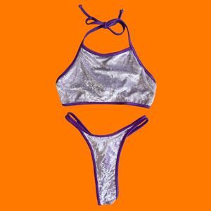 90's vintage purple crushed velvet hi cut high leg thong bikini MEDIUM